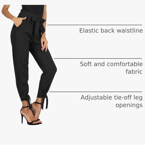 Grace Karin Black Paperbag Dress Pants Size L Bow Cuffs Ruched Waist Stretchy - Picture 9 of 10